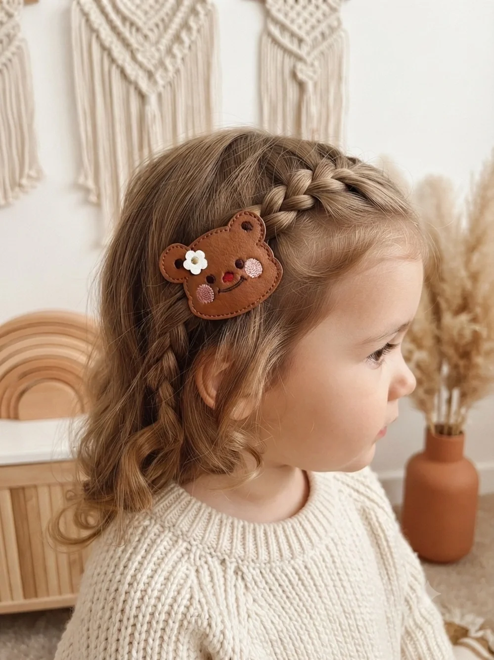 Handmade Brown Bear Leather Hair Clip Cute Flower Cheeks Boutique